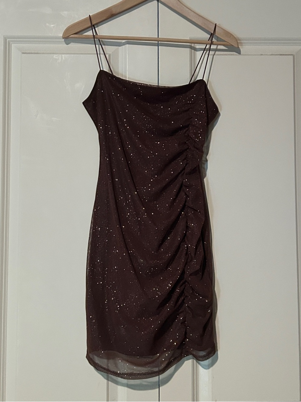 Lovely Day Sparkle Ruched Mini Dress in Deep Brown